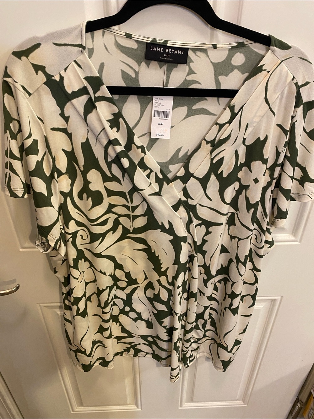 Lane Bryant Olive Green and Cream Floral Surplice Top